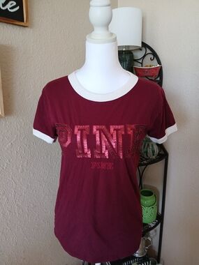 PINK Victoria's Secret Burgundy Sequin Logo Ringer Tee